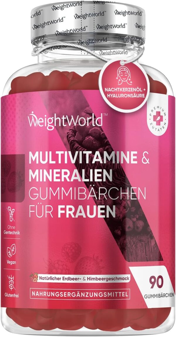 Multivitamin Gummies für Frauen - Mit Hyaluron, Nachtkerzenöl, Coenzym Q10, Folsäure, Zink, Vitamin C, B12, Biotin - Für Immunsystem, Haut & Stoffwechsel - 90 Gummibärchen - Erdbeer & Himbeergeschmack