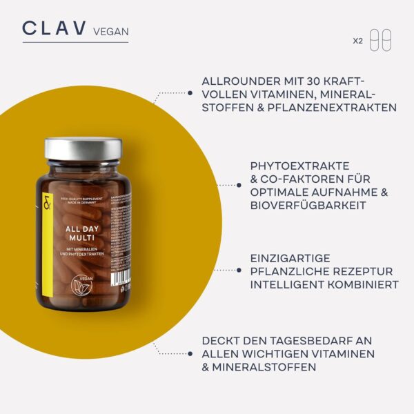 Multivitamin Kapseln hochdosiert - 30 wertvolle Vitamine A-Z, Mineralstoffe, Spurenelemente & Pflanzenextrakte - All In One Premium Multi Vitamine - natürlich & vegan – Bild 3