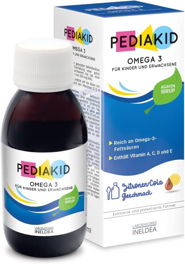 PEDIAKID - Omega 3 - Das mit der aus Fischöl gewonnenen Omega-3- Fettsäure DHA angereicherte - Vitamin A, C, D, E - Fördert die kognitiven Funktionen - 125ml
