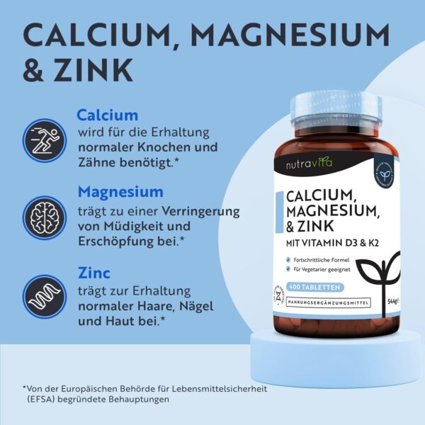 Calcium Magnesium Zink - 400 Hochdosiert vegetarische Tabletten (6 Monate) - Magnesiumoxid mit Vitamin D3, K2, Selen, Mangan - Komplex mit 600mg Kalzium pro Tagesdosis - Knochen + Muskeln - Nutravita – Bild 2
