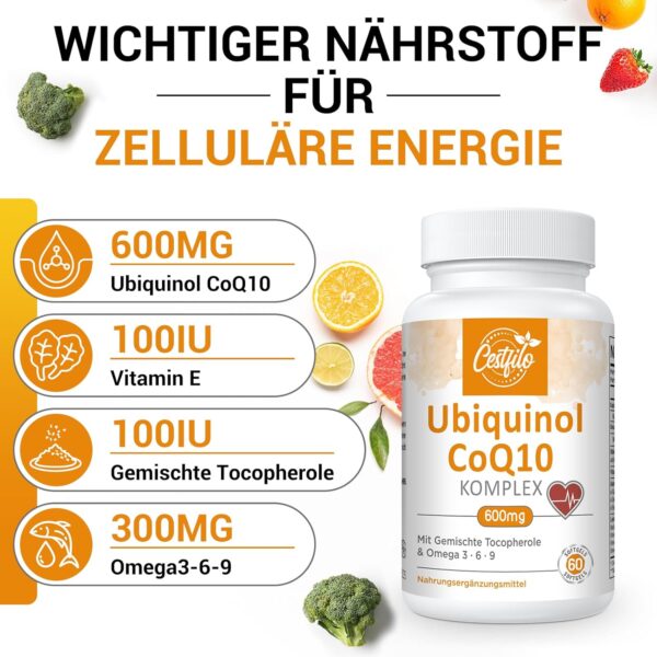 Ubiquinol CoQ10 600 mg Softgelkapseln - Aktive Form von CoQ10 Plus Vitamin E & Omega 3 6 9 - Fortschrittliches Coenzym Q10 60 stück (1er Pack) – Bild 2