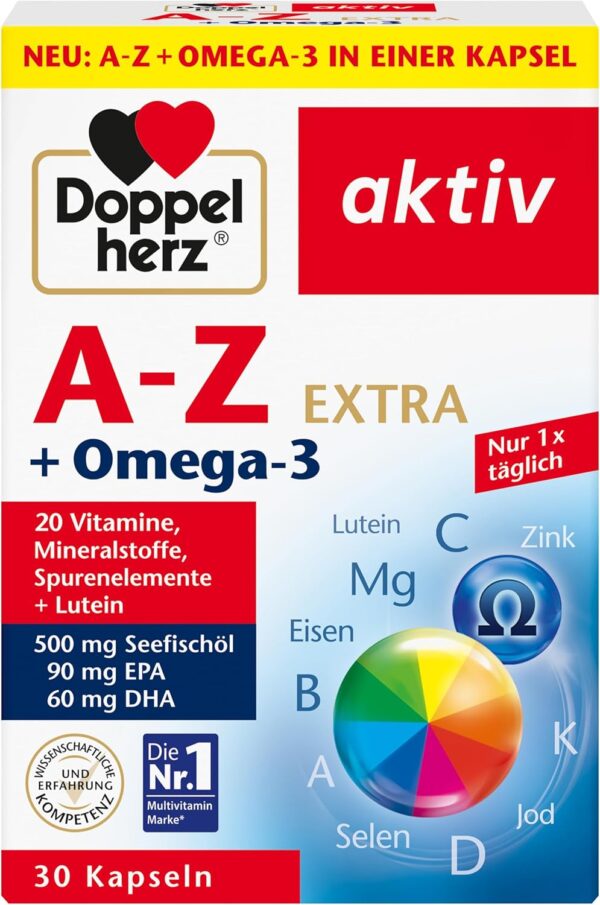 Doppelherz A-Z + Omega-3 Extra - 20 Vitamine, Mineralstoffe & Spurenelemente + Omega-3 + Lutein - Nur 1 Kapsel täglich - 30 Kapseln