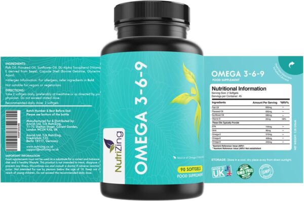 NutriZing Omega 3 6 9 verdreifachte Fischöl Komplexe Stärke - 1000mg für Frauen & Männer - 90 Kapseln - Leinsamenöl - EPA und DHA tragen zur normalen Funktion des Herzens bei – Bild 3