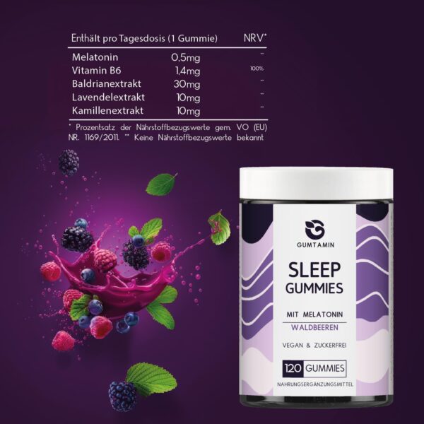 Gumtamin Sleep Melatonin Gummies - 120 Stück zuckerfrei - vegane Melatonin Gummibärchen für die Abendroutine - Alternative zu Melatonin Spray – Bild 5