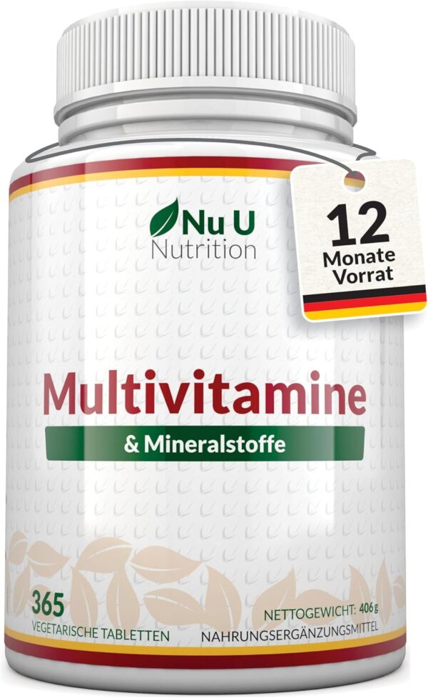 Multivitamin & Mineralstoffe A-Z - 365 Vegetarische Tabletten - 1 Jahresvorrat - 25 Vitamine und Mineralstoffe pro Tablette Hochdosiert - Hergestellt en Europa - Nu U Nutrition