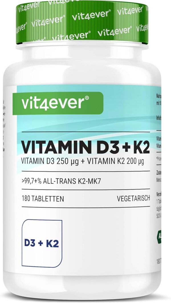 Vitamin D3 10.000 I.E + Vitamin K2 200 mcg Menaquinon MK7 Depot - 180 Tabletten - 99,7+% All-Trans (K2VITAL® von Kappa) - Laborgeprüft - Vegetarisch - Hochdosiert - Premium Qualität
