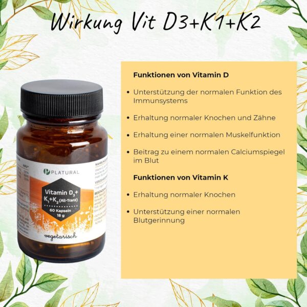 Platural® Vitamin D3 + K2 + K1 - Premium: 99,7+% All-Trans Vitamin K2 MK7 + 1000 IE Vitamin D + hoch bioverfügbares Vitamin K1-60 Kapseln - hochwertig, laborgeprüft – Bild 5