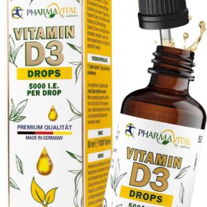 Pharmavital Vitamin D3 Tropfen 5000 50ml flüssig (1830 Tropfen) - Laborgeprüfte 5000 I.E. pro Tropfen - Immunsystem stärken, für Knochen und Muskeln - Hochwertig: sehr hohe Stabilität, vegetarisch