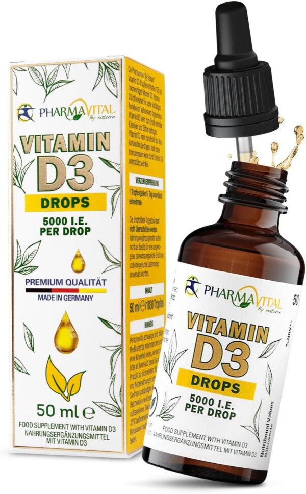 Pharmavital Vitamin D3 Tropfen 5000 50ml flüssig (1830 Tropfen) - Laborgeprüfte 5000 I.E. pro Tropfen - Immunsystem stärken, für Knochen und Muskeln - Hochwertig: sehr hohe Stabilität, vegetarisch