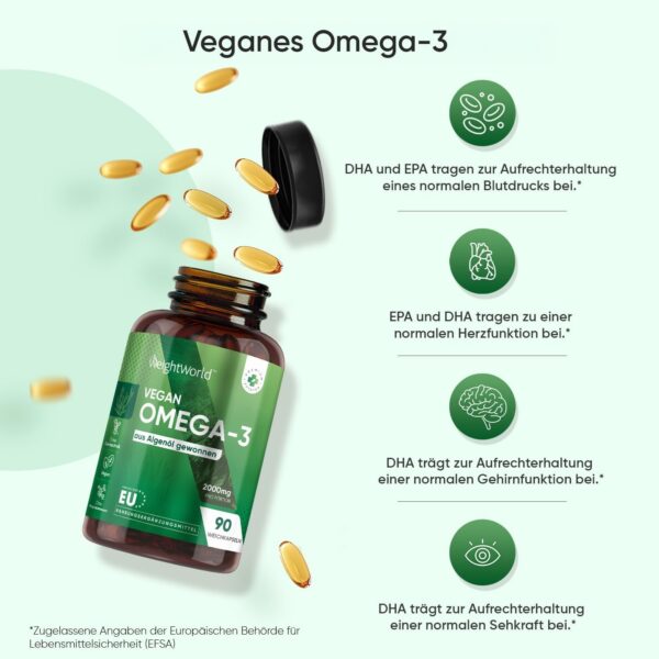 Vegane Omega 3 Kapseln - 2000mg Algenöl liefern 600mg DHA & 300mg EPA pro Tag - 90 Softgels - Frei von Magnesiumstearat & Glutenfrei - WeightWorld – Bild 2