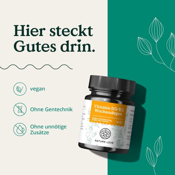 Vitamin D3 K2 Wochendepot - 180 vegane Tabletten - 7000IE D3 + 140µg K2 pro Tablette mit >99,7% all-trans - Hochdosiert & vegan - Laborgeprüft, in Deutschland produziert – Bild 4