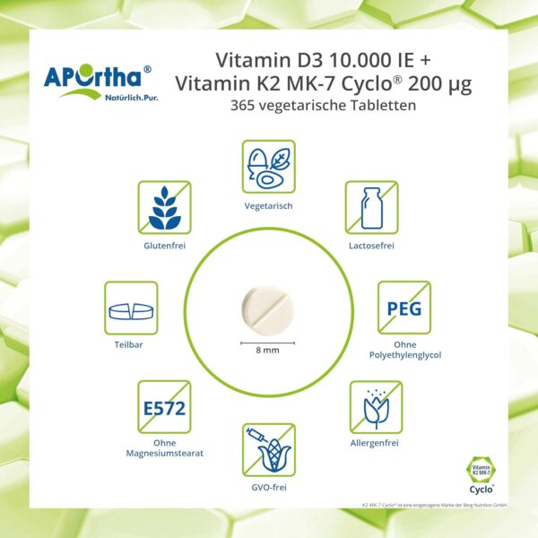 APOrtha® Vitamin D3 10.000 I.E + 200 µg K2 99+% ALL-Trans, 365 vegetarische Tabletten hochdosiert u. teilbar, Premium Vitamin D und K Tablette leicht zu schlucken - Alternative zu Tropfen und Kapseln – Bild 3