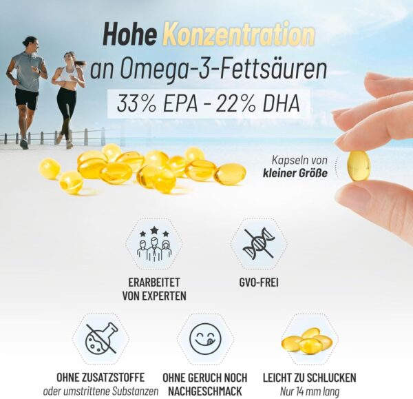 Omega 3 - Fischöl - 2000mg pro Tagesdosis - EPA : 660 mg/DHA : 440 mg - Herz-kreislauf system, Vision, Gehirnfunktion - 200 kapseln – Bild 4
