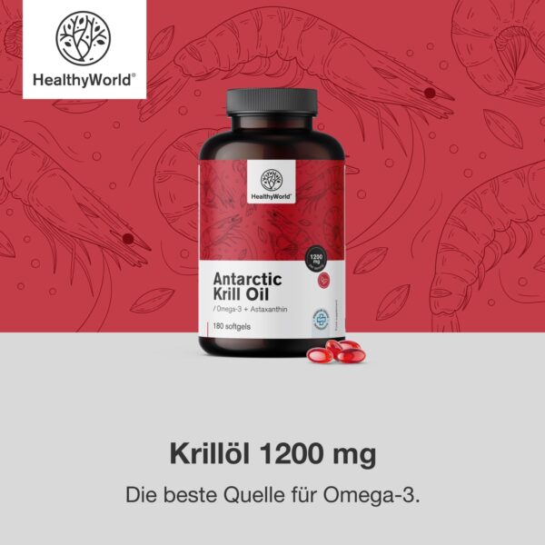 HealthyWorld® Krillöl 1200 mg - 180 Weichkapseln - Omega-3 + Astaxanthin - Ohne Gluten, Laktose und Künstliche Aromen - 3-Monats-Vorrat - Unterstützt Herz- und Kreislauffunktion – Bild 4
