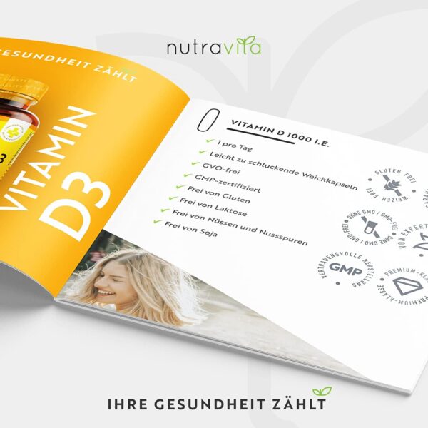 Vitamin D3 1000 I.E - 365 Kapseln - Unterstützt Knochen, Zähne, Muskeln und Immunsystem* - Vitamin D3 aus Deutschland - ohne künstlichen Zusatzstoffe - Hohe Reinheit - Hochdosiert - Premium Qualität – Bild 9