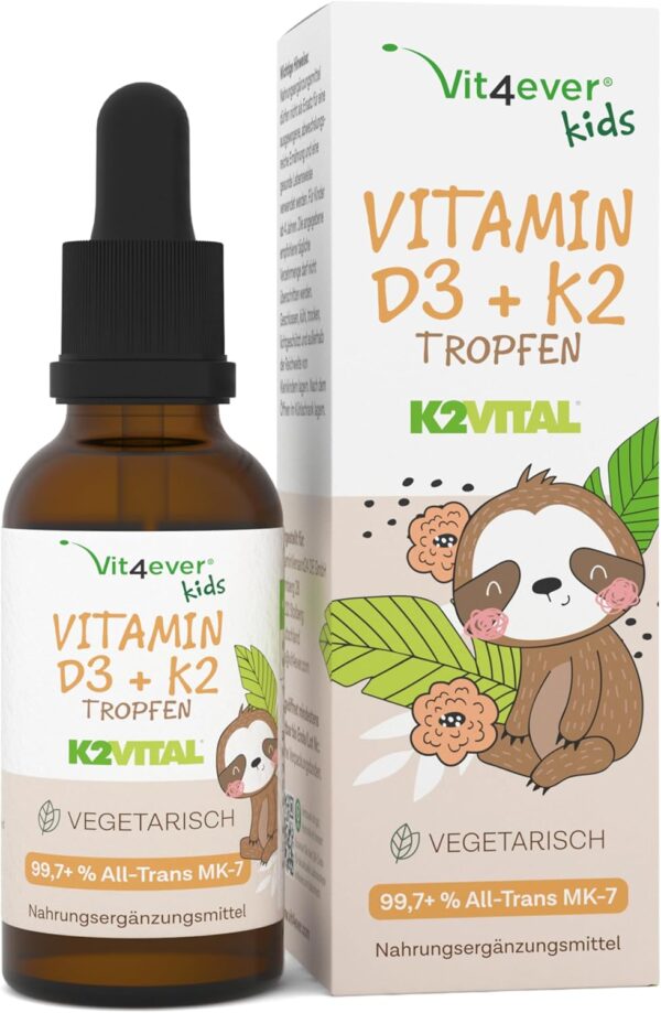 Vitamin D3 K2 Tropfen für Kinder für 300 Tage (10 Monate) - 500 IE Vitamin D & 25μg Vitamin K2 - Hoch bioverfügbar durch Original K2VITAL® - Ohne schädliche Zusätze - Vitamine für Kids