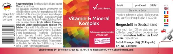 Vitamin & Mineral Komplex - 30 Kapseln ! 1-MONATS-VORRAT ! Multivitamin-Präparat in sicherer Dosierung - Bioverfügbare Supplements aus Deutschland | Vitamintrend® – Bild 2