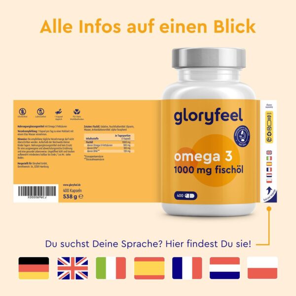 Omega 3 400 Kapseln (+1 Jahr) - 1.000 mg Fischöl pro Kapsel - Essentielle Omega 3 Fettsäuren mit EPA & DHA - Nachhaltiger Fischfang, Laborgeprüft, ohne Zusätze in Deutschland hergestellt – Bild 6