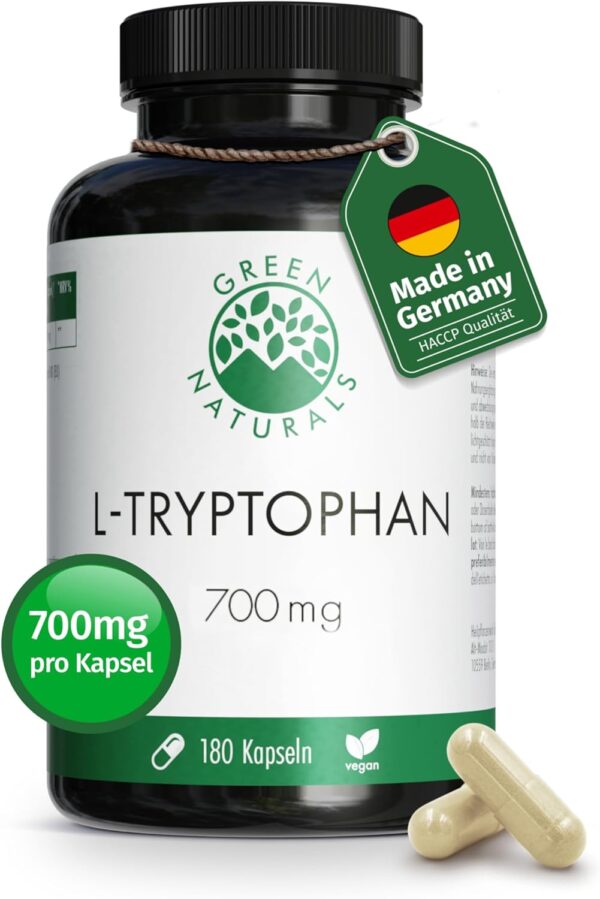 L-Tryptophan - Hochdosiert: 700 mg je Kapsel - 6 Monate Vorrat (180 Kapseln) - Vegan & ohne Zusatzstoffe - Apothekenqualität - Green Naturals®