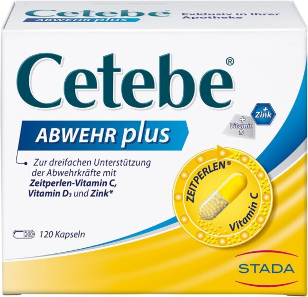 Cetebe Abwehr plus - Nahrungsergänzungsmittel zur dreifachen Unterstützung der Abwehrkräfte mit ZEITPERLEN - Vitamin C, Vitamin D und Zink - 1 x 120 Kapseln
