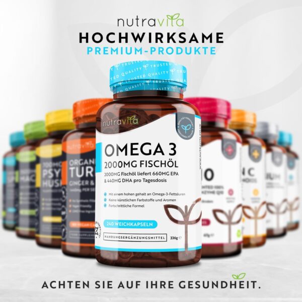 Omega 3 Kapseln hochdosiert 240-2000mg Fischöl Kapseln mit 660mg EPA & 440mg DHA pro Portion - Omega 3 Öl, Reines Fischöl aus nachhaltiger Fischerei - Geprüft/Zertifiziert in Deutschland - Nutravita – Bild 5