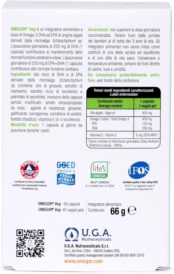 Omegor VEG - Omega 3 Veganes Algenöl | Das einzige IFOS-Zertifikat | 250 mg DHA und 125 mg EPA pro Kapsel | 60 Kapseln, 2 Monatsvorrat | 100% VEGAN – Bild 2