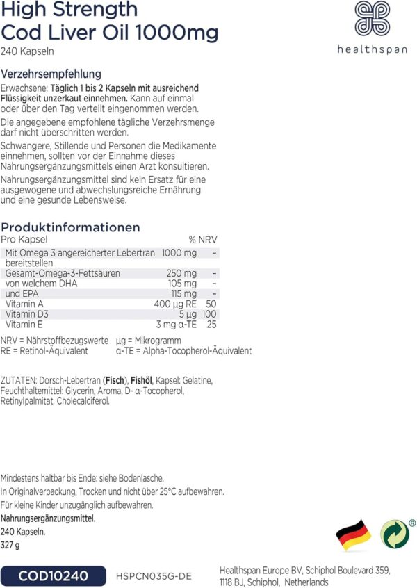 Healthspan Lebertran 1.000 mg | Reich an Omega-3-Fettsäuren DHA & EPA | Vitamin A und D3 | Gehirnfunktion, Augen- und Herzgesundheit | Aus nachhaltigen Quellen (240 Kapsel) – Bild 7