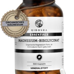 QIDOSHA® Magnesium Bisglycinat Kapseln, 300 Stk im Apothekerglas, organische Magnesium-Form als Magnesium-Glycinat, 300 mg elementares Magnesium je Tagesportion aus 1500 mg Magnesium-Bisglycinat