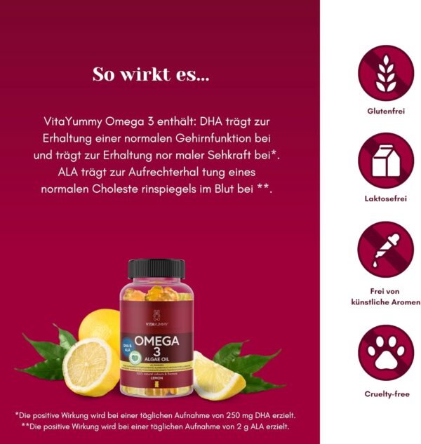 VITAYUMMY Vegan Omega 3 für Kinder und Erwachsene, Gummies mit Zitronengeschmack - Gesunde Fette aus Omega 3 Algenöl - Natürliche, Allergenfrei und Gelatinefreie - 60 Gummy Vitamins, 1 Monat – Bild 3