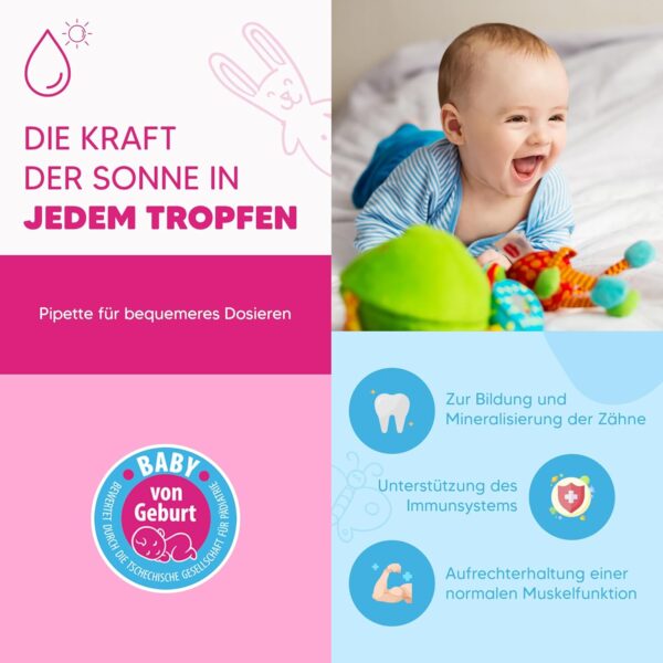 Vitamin D3 Tropfen für Babys & Kinder - 400 IU, 10ml für 220 Tage - Vitamin D Tropfen gut für Immunsystem, Knochen, Zähne, Muskeln - D3 Tropfen sind auch geeignet für Schwangere und stillende Mutter – Bild 2