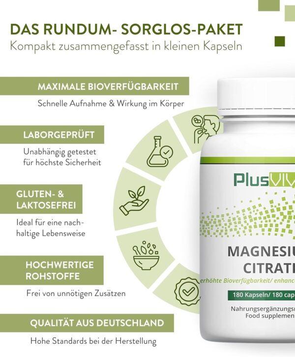 PlusVive Magnesiumcitrat Kapseln hochdosiert I 1x 180 Kapseln I 700mg Trimagnesiumdicitrat & 120mg reines Magnesium pro Kapsel I mit Papain & Spirulina I Nahrungsergänzungsmittel vegan & laborgeprüft – Bild 4