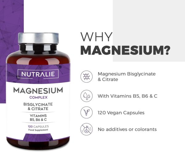 Magnesium Glycinat + Citrat - Komplex mit B6 B5 C Hochdosiert - 2145mg Magnesium Kapseln mit Vitamine B6 B5 und C + Magnesium Glycinat + Magnesiumcitrat -120 Magnesium Vegan Kapseln - Nutralie – Bild 3