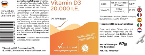Vitamin D3 20000 I.E. - 90 Tabletten - nur 1 Tablette alle 20 Tage - hochdosiert - Cholecalciferol | Vitamintrend® – Bild 6
