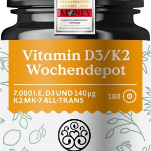 Vitamin D3 K2 Wochendepot - 180 vegane Tabletten - 7000IE D3 + 140µg K2 pro Tablette mit >99,7% all-trans - Hochdosiert & vegan - Laborgeprüft, in Deutschland produziert