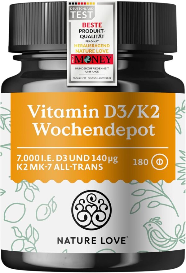 Vitamin D3 K2 Wochendepot - 180 vegane Tabletten - 7000IE D3 + 140µg K2 pro Tablette mit >99,7% all-trans - Hochdosiert & vegan - Laborgeprüft, in Deutschland produziert