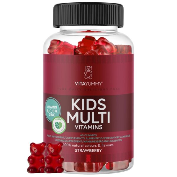 VITAYUMMY Kinder Multivitamin Vegane Vitamine Gummibärchen Erdbeergeschmack - Immunsystem Stärken Kinder - Hochdosiert Vitamin A C D E & B12 - Allergenfrei & Gelatinefrei - 60 Vitamin Gummies 1 Monat