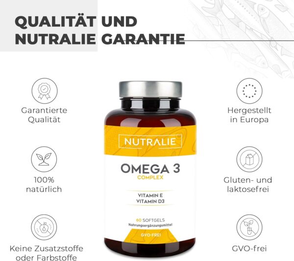 Omega 3 2000mg + Vitamine D3 und E | 1250mg EPA-DHA pro Dosis | Hochkonzentriertes Fischöl 60 Kapseln | Nutralie – Bild 4