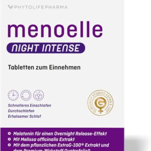 menoelle Night intense. Schneller Einschlafen, tiefer Durchschlafen in den Wechseljahren. Hochdosiertes Melatonin 1,9mg, L-Tryptophan, Folsäure, Melisse, Estrog-100. 1 Tab./Nacht. 30 Tabletten