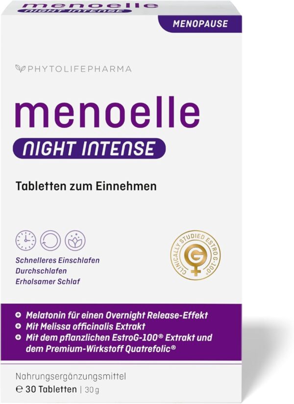 menoelle Night intense. Schneller Einschlafen, tiefer Durchschlafen in den Wechseljahren. Hochdosiertes Melatonin 1,9mg, L-Tryptophan, Folsäure, Melisse, Estrog-100. 1 Tab./Nacht. 30 Tabletten