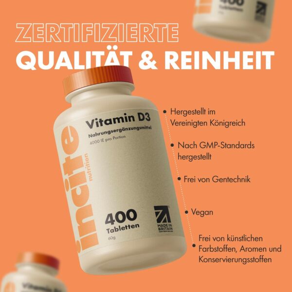 Vitamin D3-400 leicht einnehmbare Premium Vitamin D3-Mikrotabletten – Tablette Cholecalciferol VIT D3-Vegetarisches Nahrungsergänzungsmittel-Hergestellt von Incite Nutrition in Großbritannien – Bild 5