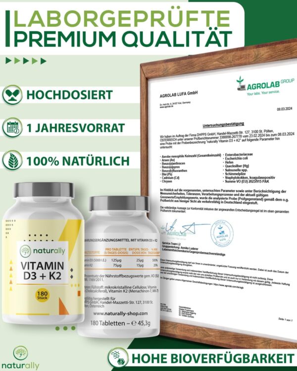 naturally Vitamin D3 K2 Tabletten [180 Stück] – hochdosiert, 5000 I.E. Vitamin D pro Tablette, vegan, ohne Zusätze, – Bild 7