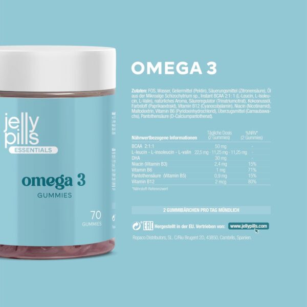 Jelly Pills® Konzentrierte Omega-3-Gummis (DHA + BCAA) und Vitamine der B-Gruppe - 70 vegane Gummis mit Orangengeschmack - ohne Zuckerzusatz - für Kinder und Erwachsene – Bild 7