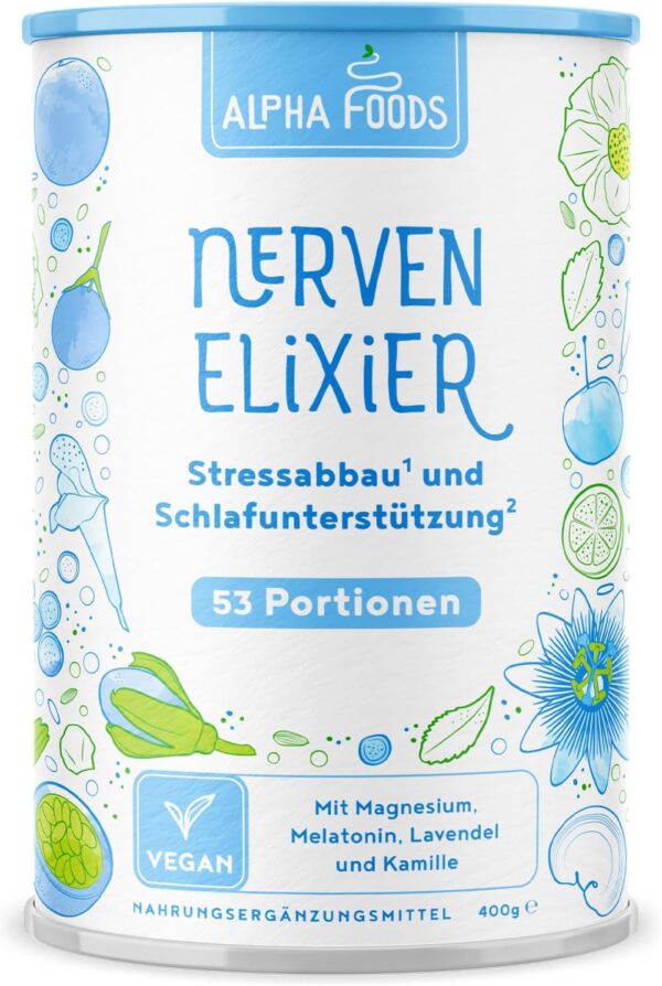 Nerven-Elixier - Melatonin, Magnesium, B-Vitamine & Aminosäuren für natürliches Stressmanagement & Entspannung am Abend - Pflanzliche Mischung mit Blaubeer-Geschmack - 400g Pulver von Alpha Foods