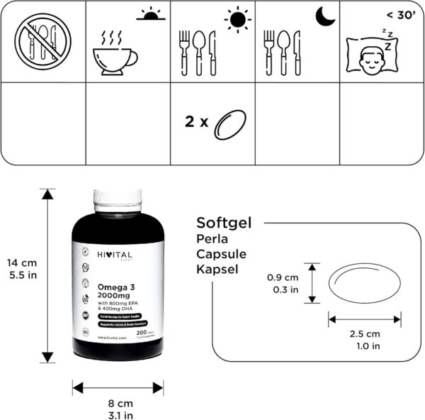 Omega 3 2000 mg | 200 Kapseln für mehr als 3 Monate | Mit 800 mg EPA, 400 mg DHA und natürlichem Vitamin E | Das einzige mit spanischem Fischöl, das zur Gesundheit von Herz, Gehirn und Augen beiträgt – Bild 3