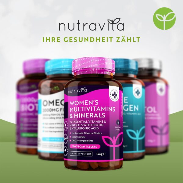 Multivitamine & Mineralien für Frauen - 24 essentielle aktive Vitamine & Mineralien mit zusätzlicher Hyaluronsäure - 180 vegane Tabletten - keine synthetischen Füllstoffe oder Bindemittel - Nutravita – Bild 7
