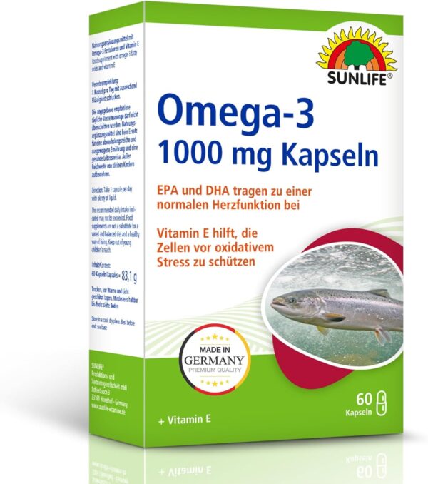 SUNLIFE Omega 3 Kapseln hochdosiert - 1 x 60 Stück - 1000mg Omega 3 Fischöl Kapseln - Omega 3 Öl Kapseln mit 180mg EPA & 120mg DHA - gluten- & laktosefrei - hochwertige Fischöl Omega 3 Kapseln