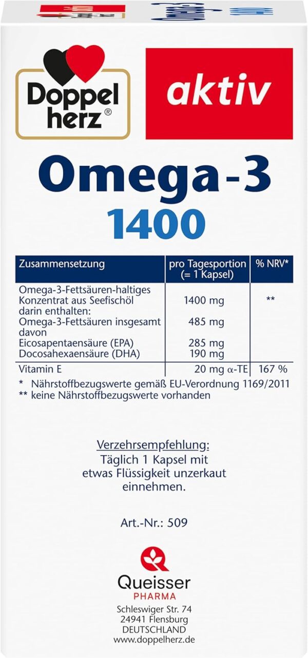 Doppelherz Omega-3 1400 mg - Hochdosiertes Omega-3-Konzentrat plus Vitamin E - Hoher Gehalt an Omega-3-Fettsäuren EPA & DHA - 90 Kapseln – Bild 5
