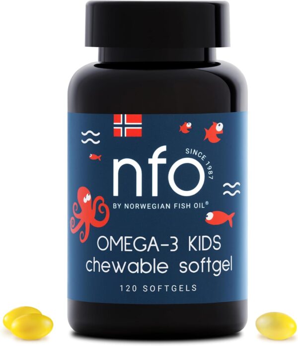 NFO Omega-3 Kids - Leckeres Tutti-Frutti Fischöl zum Kauen | Mit essentiellen Vitaminen | Kinderfreundliche Formel - 120 Kapseln