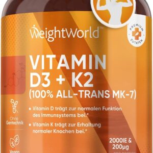 Vitamin D3 K2 2000 IU - 2 Jahresvorrat - 365 Tabletten mit 200μg Vit K2-100% All-Trans MK-7-1 Tablette/2 Tage - Kleine Tabletten - Vegane Quelle (Flechte) - WeightWorld
