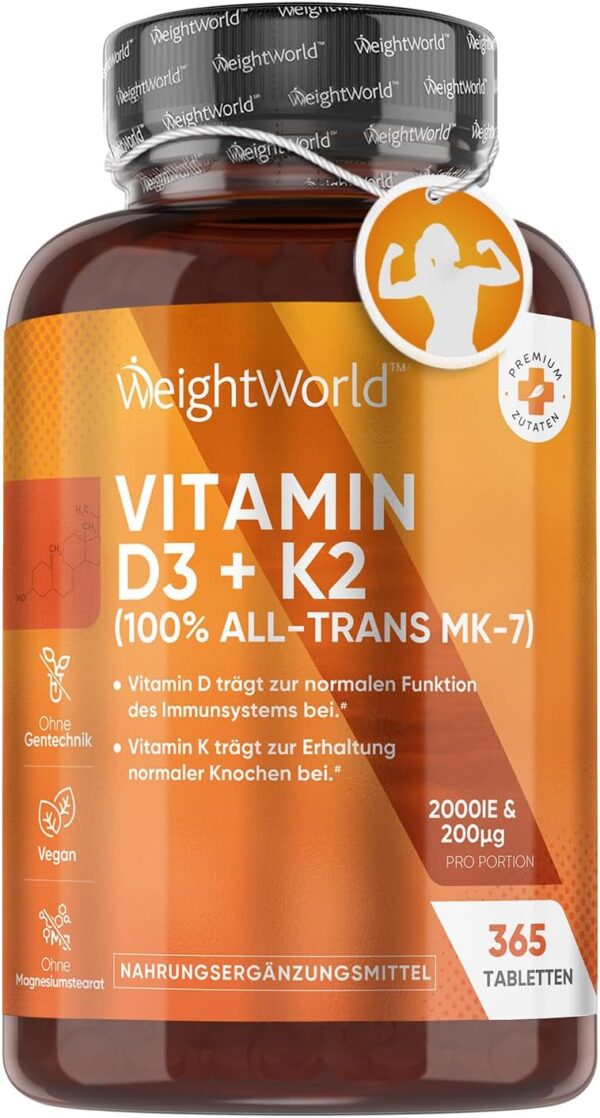 Vitamin D3 K2 2000 IU - 2 Jahresvorrat - 365 Tabletten mit 200μg Vit K2-100% All-Trans MK-7-1 Tablette/2 Tage - Kleine Tabletten - Vegane Quelle (Flechte) - WeightWorld